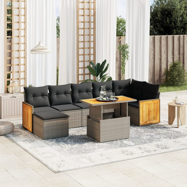 8-delige Loungeset met kussens poly rattan grijs