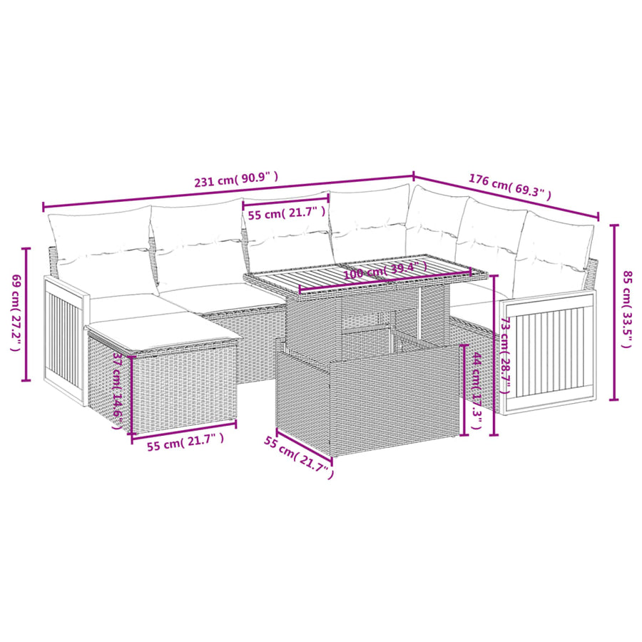 8-delige Loungeset met kussens poly rattan beige