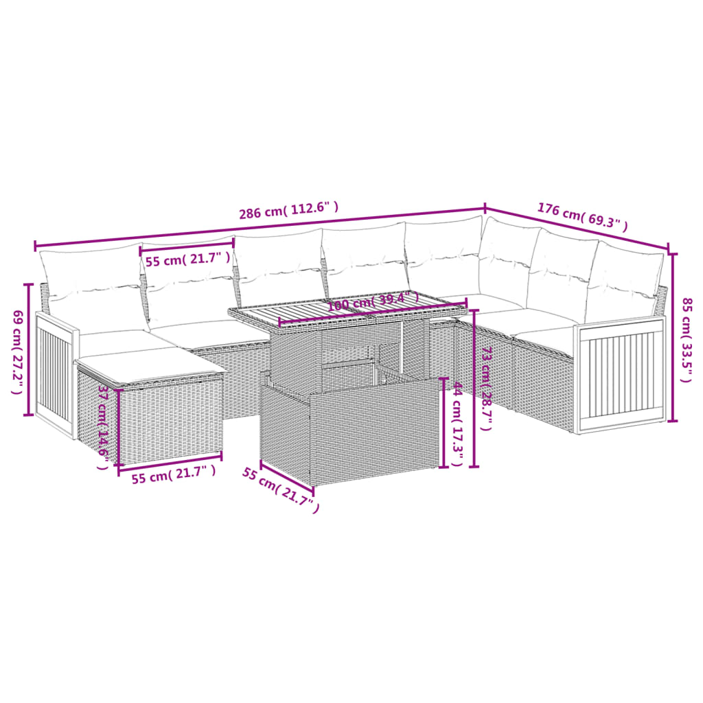 9-Delige Loungeset Met Kussens Poly Rattan Zwart