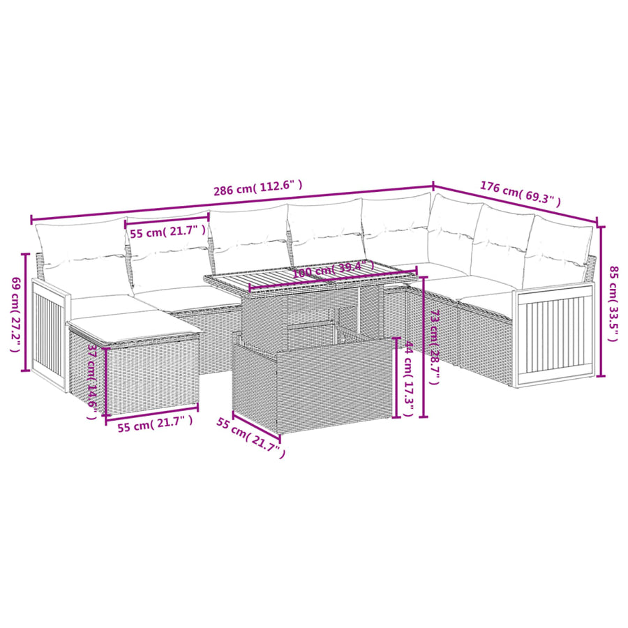 9-Delige Loungeset Met Kussens Poly Rattan Zwart