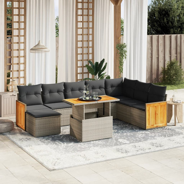 9-delige Loungeset met kussens poly rattan grijs