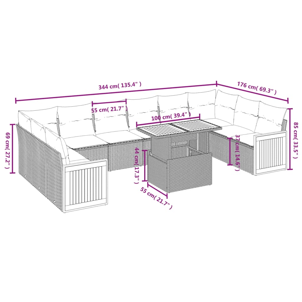 11-delige Loungeset met kussens poly rattan grijs
