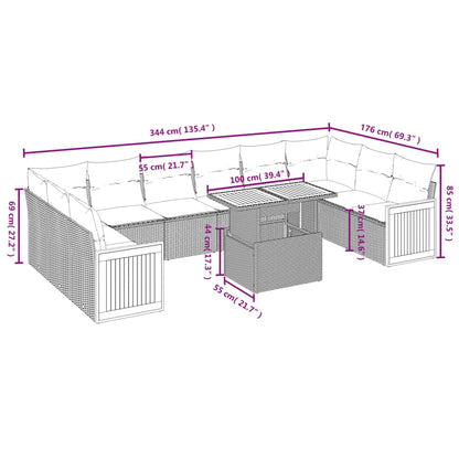11-delige Loungeset met kussens poly rattan grijs