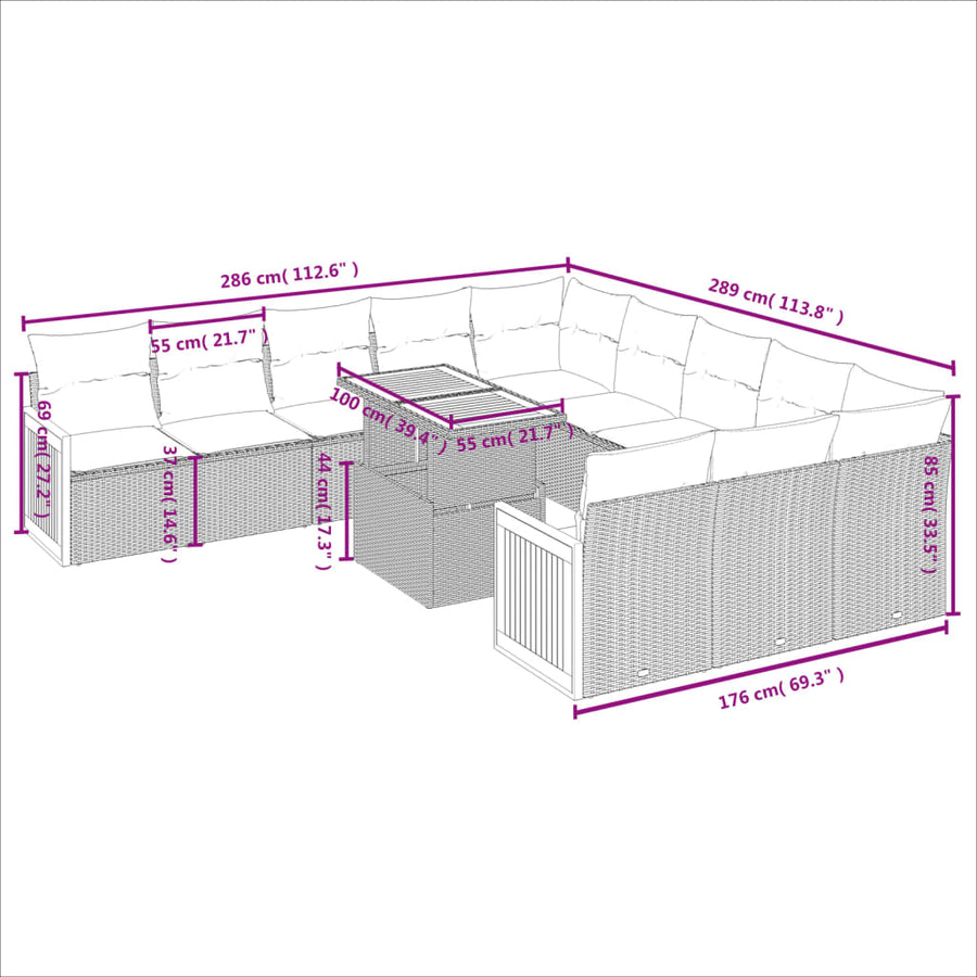 11-delige Loungeset met kussens poly rattan grijs