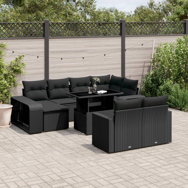 11-delige Loungeset met kussens poly rattan zwart