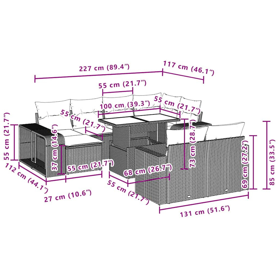 11-delige Loungeset met kussens poly rattan bruin