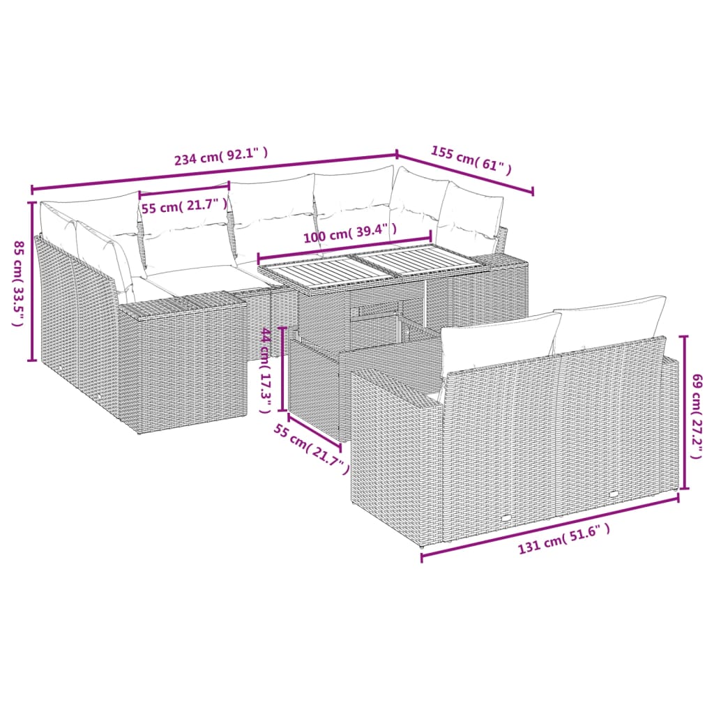 11-delige Loungeset met kussens poly rattan grijs