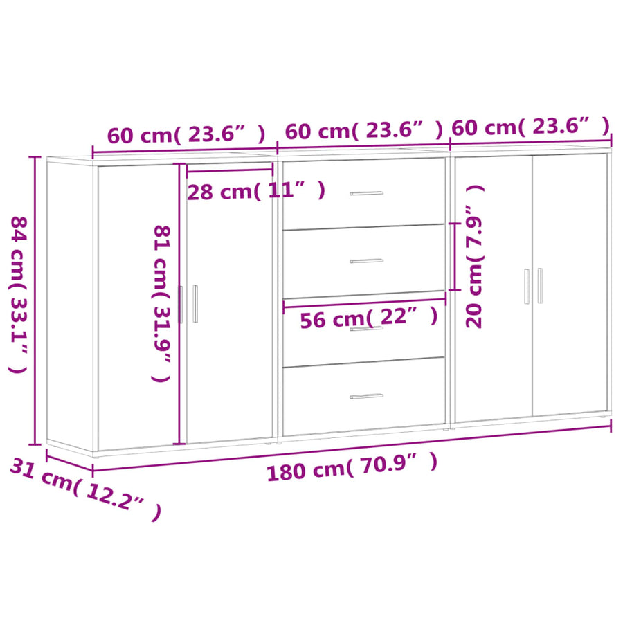 Dressoirs 3 St 60X31X84 Cm Bewerkt Hout Kleurig Sonoma eiken