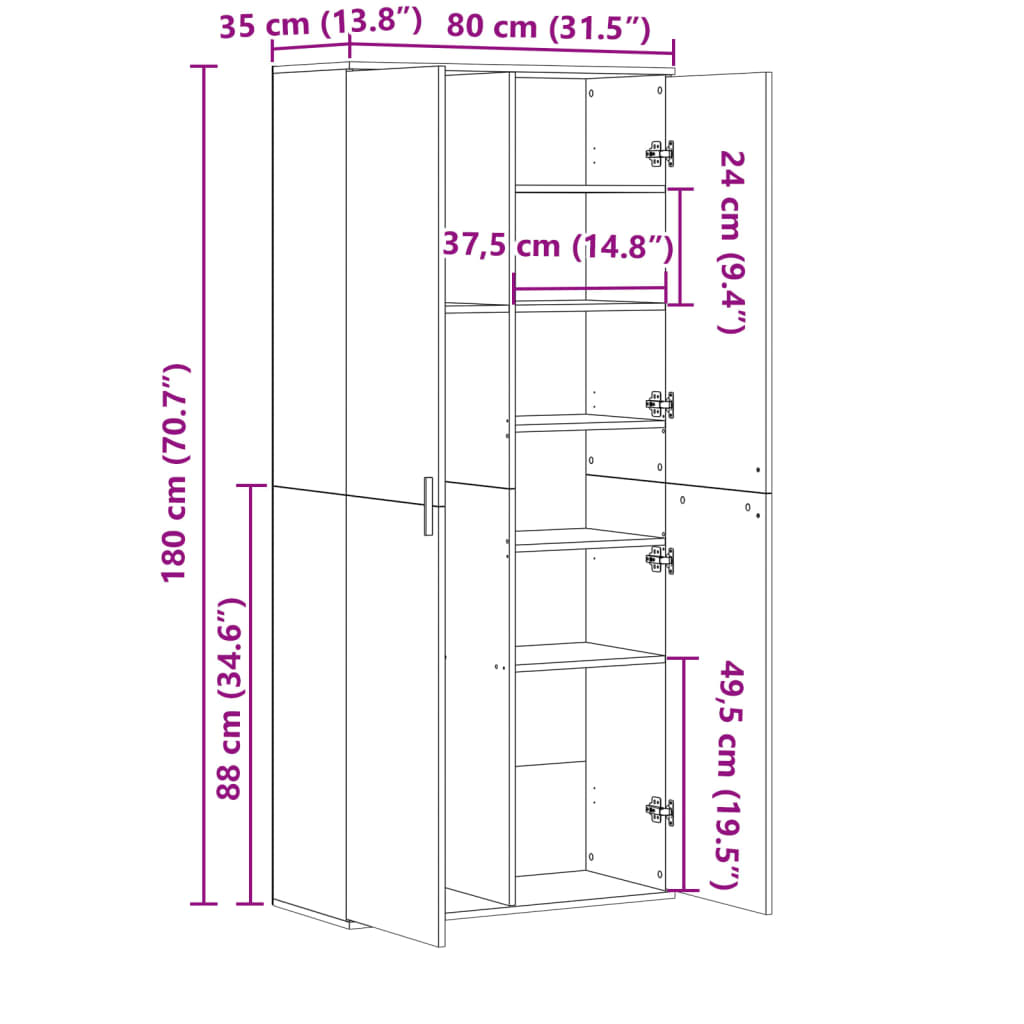 Hoge kast 80x35x180 cm bewerkt hout gerookt eikenkleurig