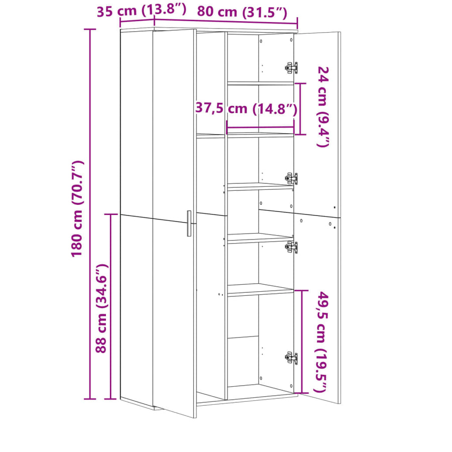Hoge kast 80x35x180 cm bewerkt hout gerookt eikenkleurig