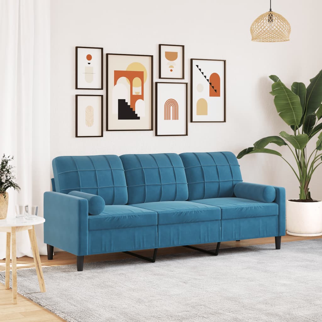 Driezitsbank met sierkussens 180 cm fluweel blauw