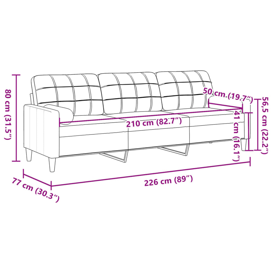 3-zitsbank met sierkussens 210 cm fluweel crèmekleurig