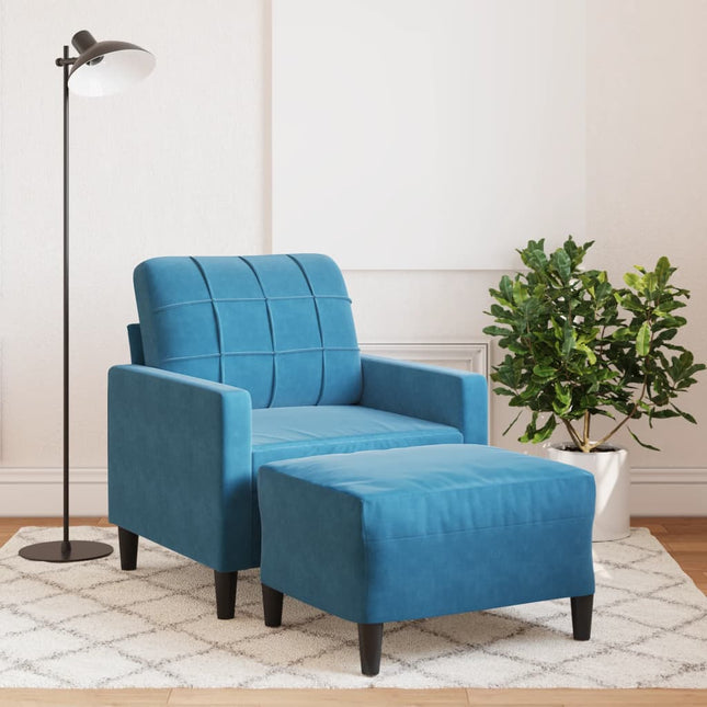 Fauteuil met voetenbank 60 cm fluweel blauw