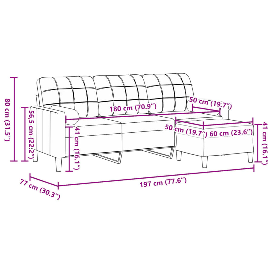Driezitsbank met voetenbank 180 cm fluweel roze