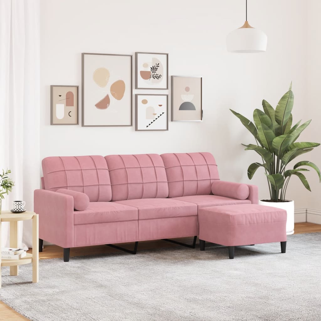 Driezitsbank met voetenbank 180 cm fluweel roze