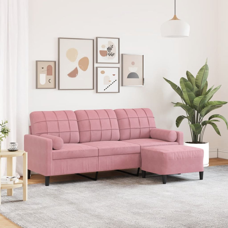 Driezitsbank met voetenbank 180 cm fluweel roze