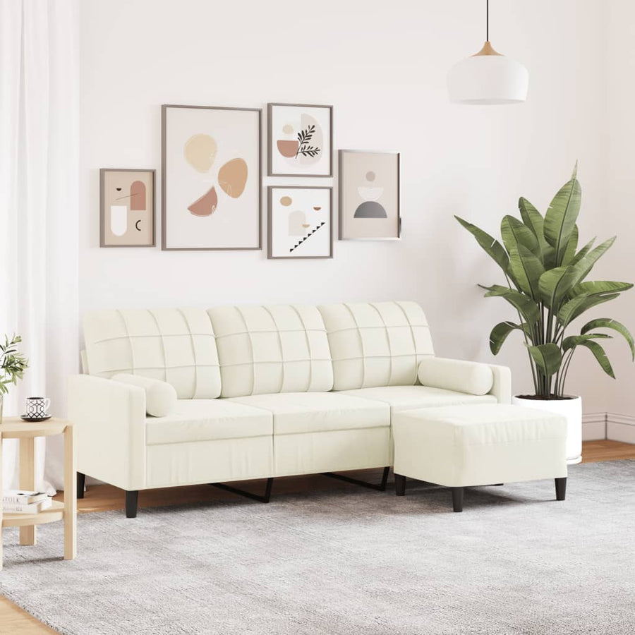 Driezitsbank met voetenbank 180 cm fluweel crèmekleurig