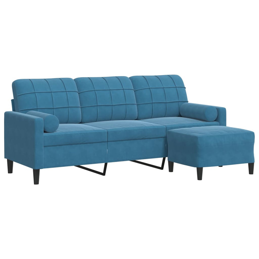 Driezitsbank met voetenbank 180 cm fluweel blauw