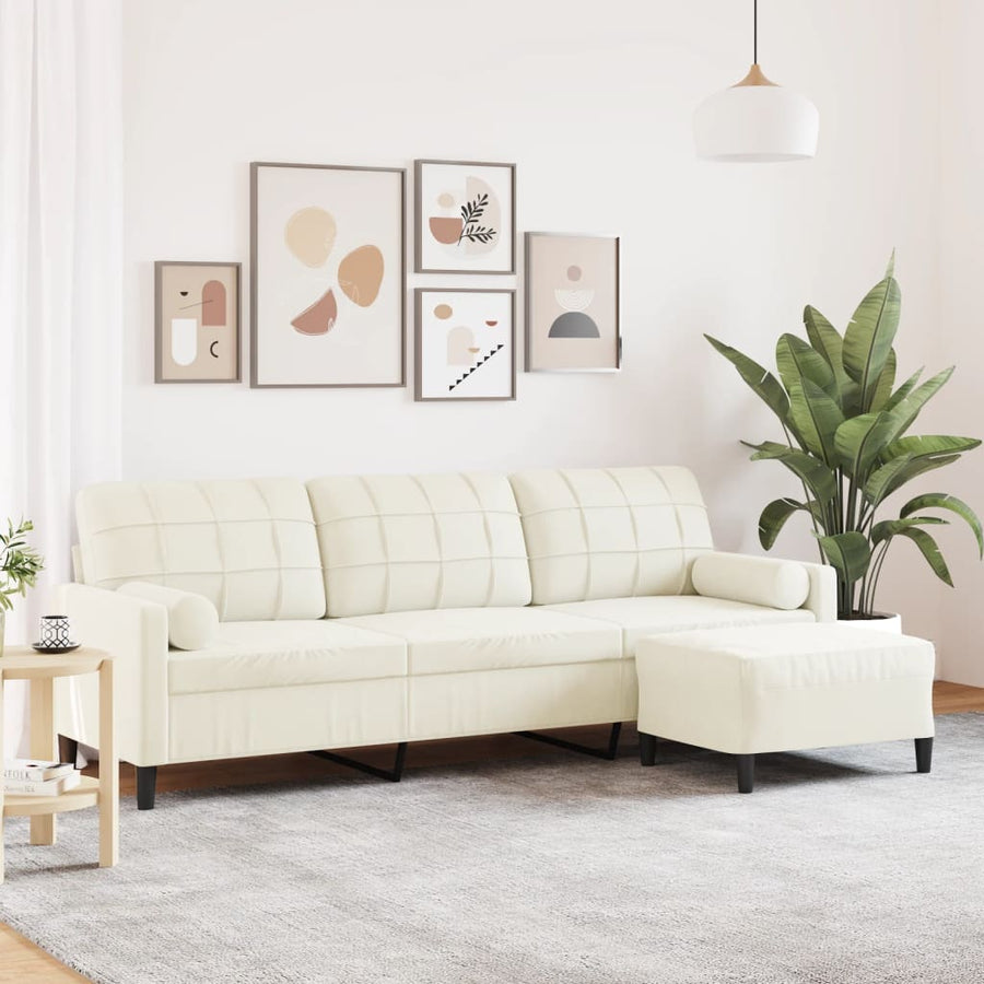 Driezitsbank met voetenbank 210 cm fluweel crèmekleurig