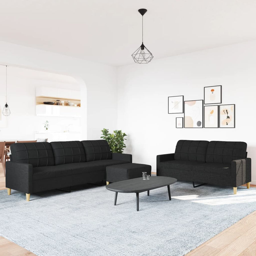 3-delige Loungeset met voetenbank stof zwart