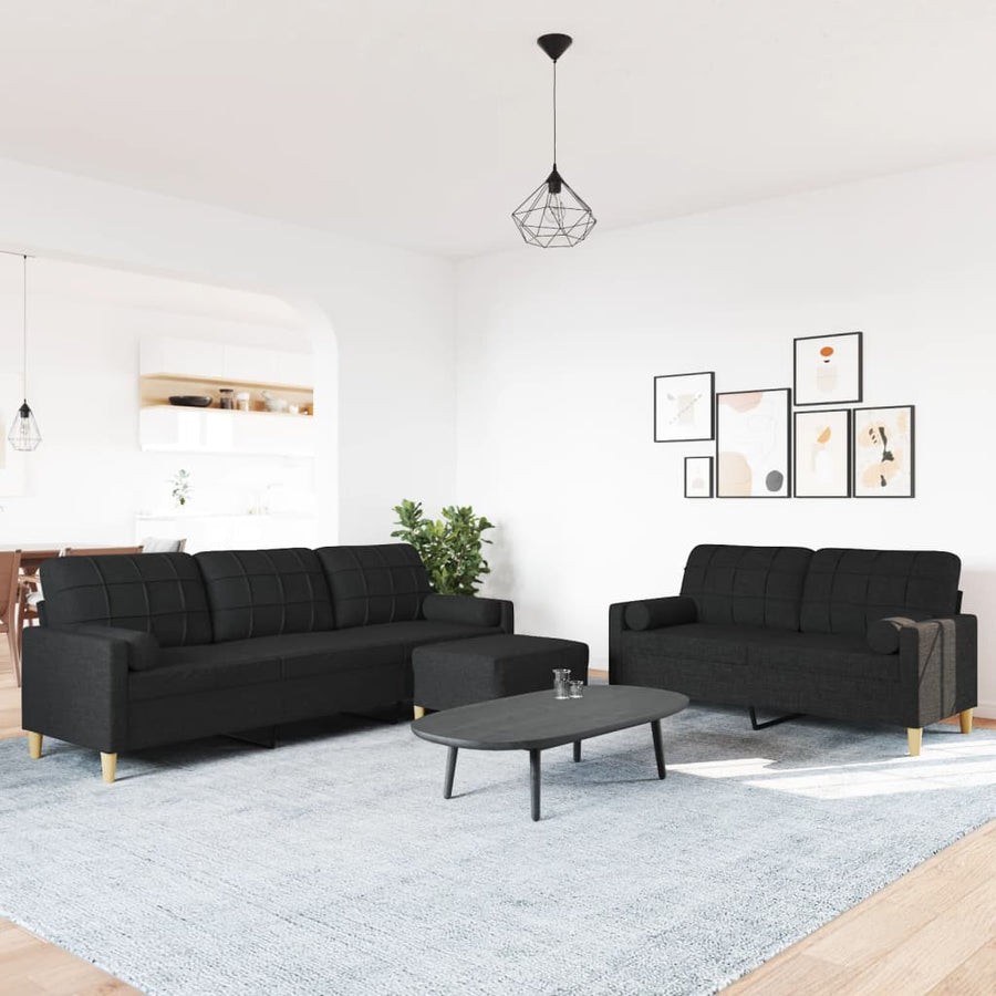 3-delige Loungeset met voetenbank en kussens stof zwart