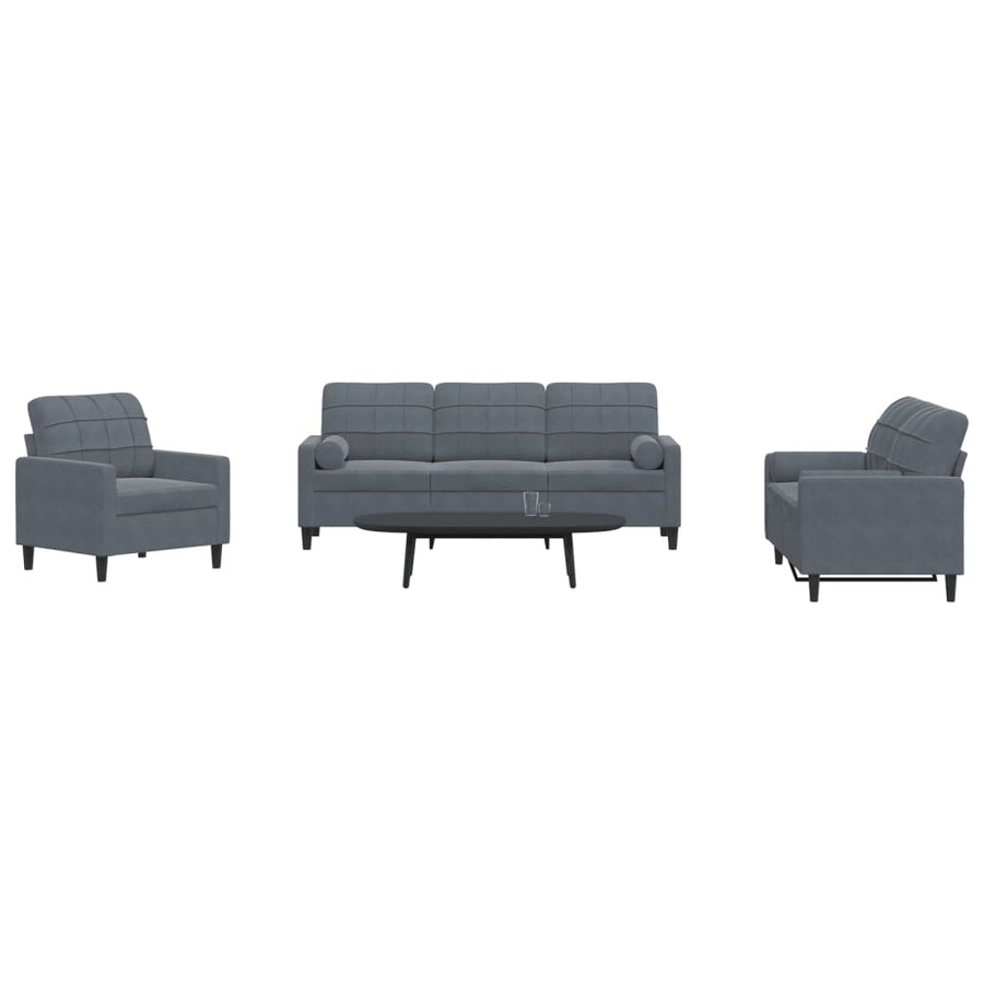 3-delige Loungeset met kussens en bolsters fluweel donkergrijs