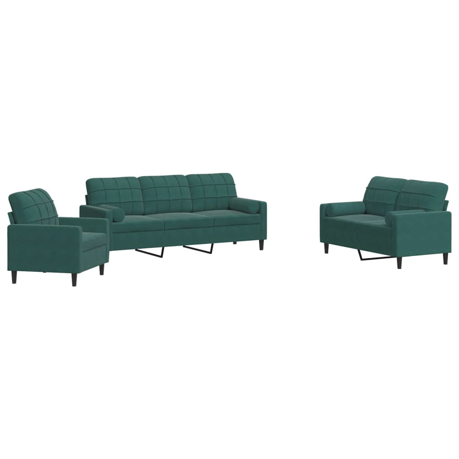 3-delige Loungeset met kussens en bolsters fluweel donkergroen
