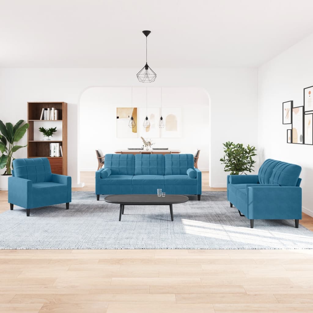 3-delige Loungeset met kussens en bolsters fluweel blauw