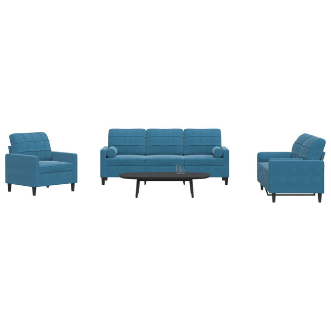 3-delige Loungeset met kussens en bolsters fluweel blauw