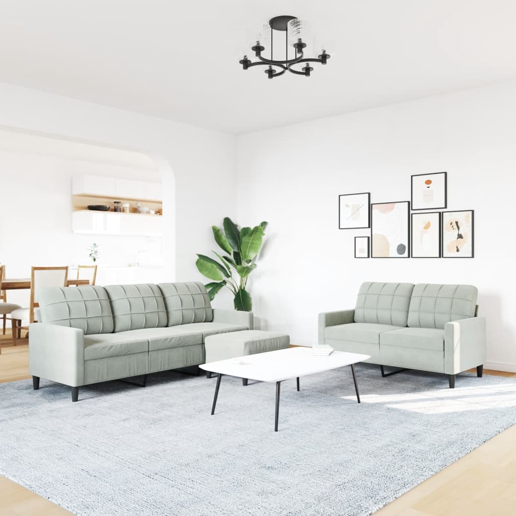 3-delige Loungeset met kussens fluweel lichtgrijs