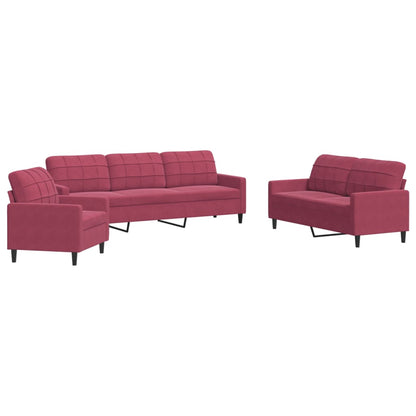 3-delige Loungeset met kussens fluweel wijnrood