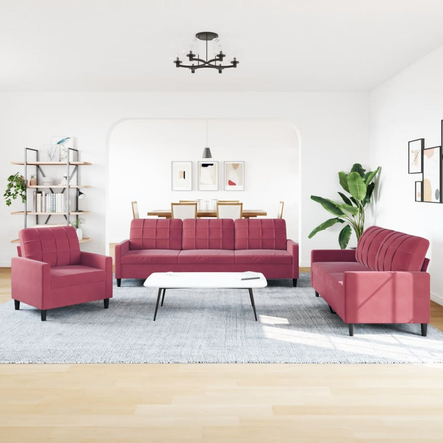 3-delige Loungeset met kussens fluweel wijnrood