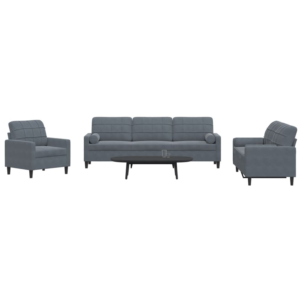 3-delige Loungeset met kussens en bolsters fluweel donkergrijs
