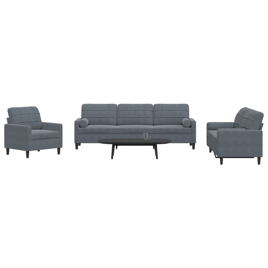 3-delige Loungeset met kussens en bolsters fluweel donkergrijs