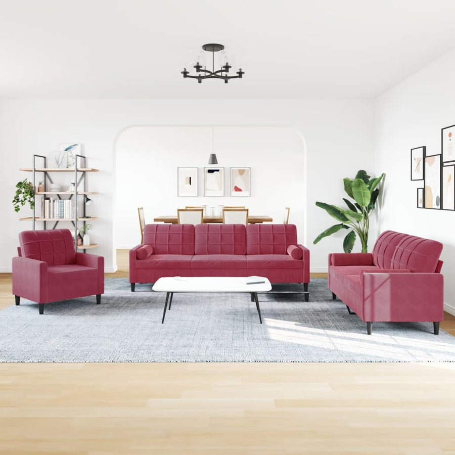 3-delige Loungeset met kussens en bolsters fluweel wijnrood