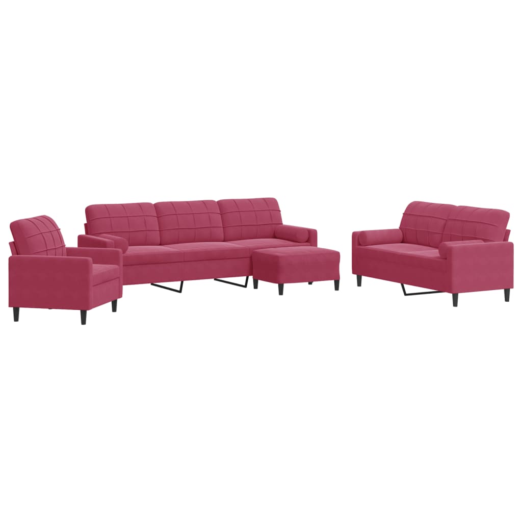 4-delige Loungeset met kussens en bolsters fluweel wijnrood