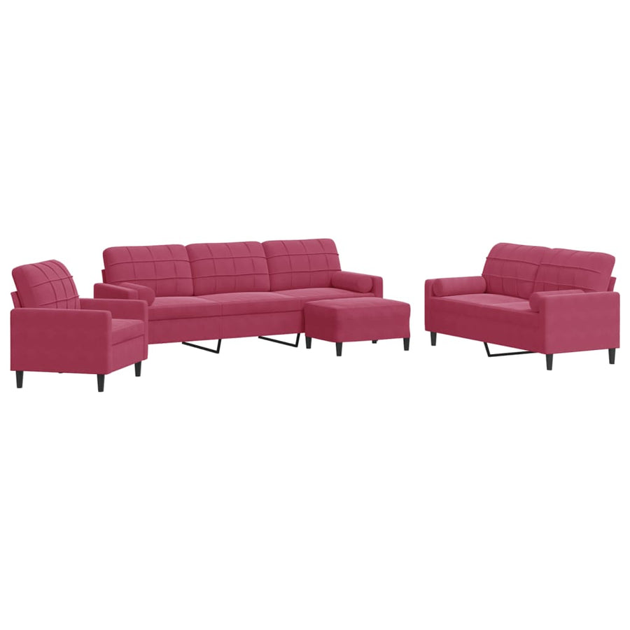 4-delige Loungeset met kussens en bolsters fluweel wijnrood