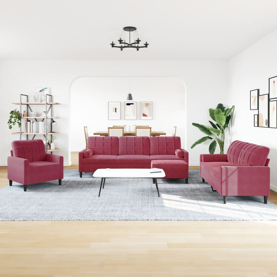4-delige Loungeset met kussens en bolsters fluweel wijnrood