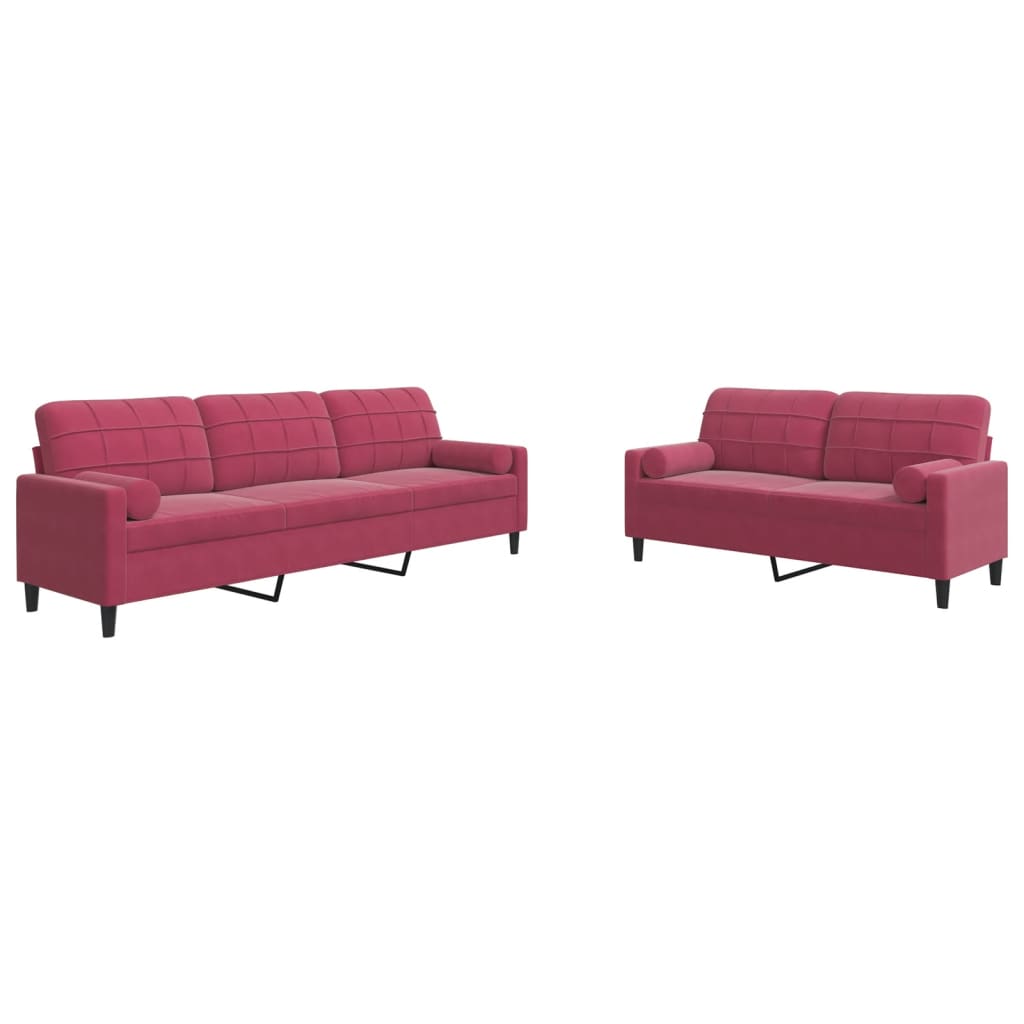 2-delige Loungeset met kussens en bolsters fluweel wijnrood