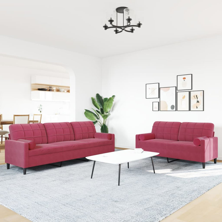 2-delige Loungeset met kussens en bolsters fluweel wijnrood
