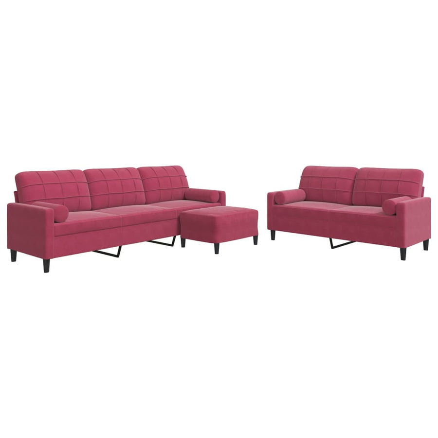 3-delige Loungeset met kussens en bolsters fluweel wijnrood