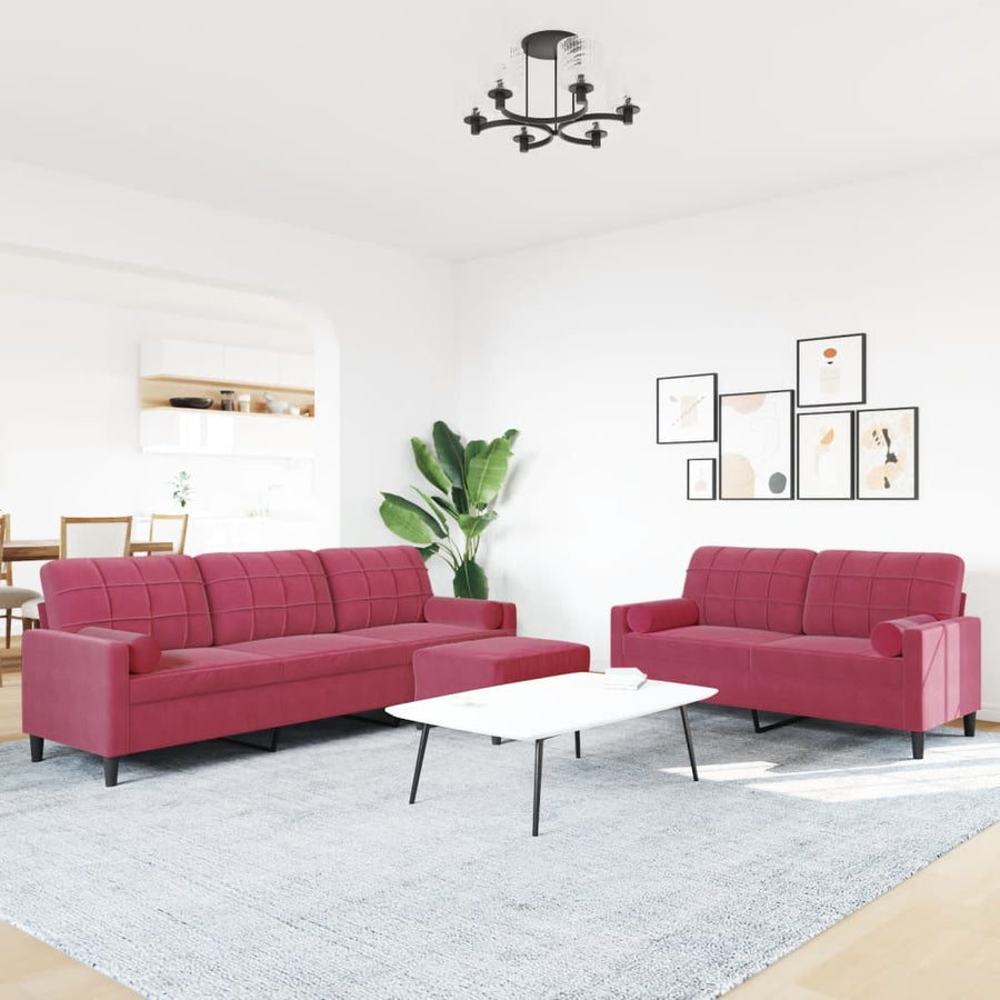 3-delige Loungeset met kussens en bolsters fluweel wijnrood