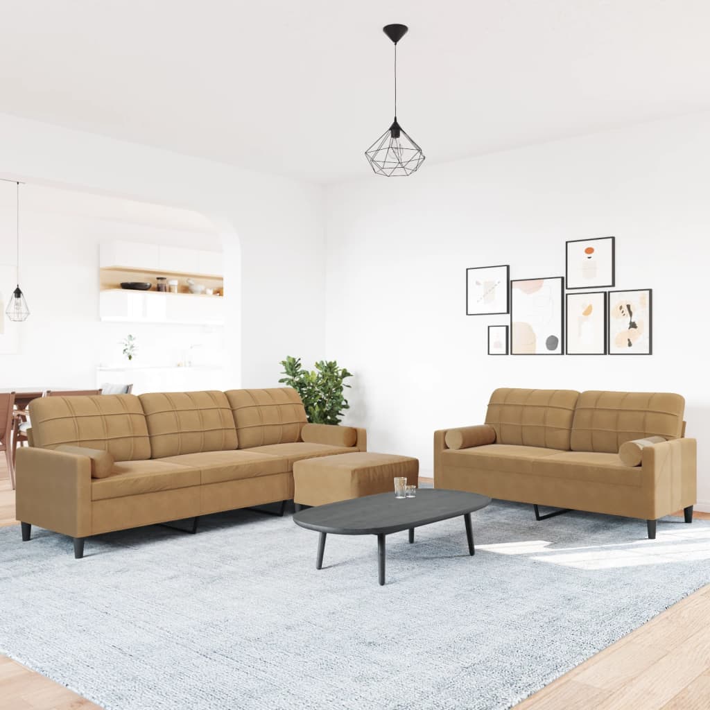 3-delige Loungeset met kussens en bolsters fluweel bruin