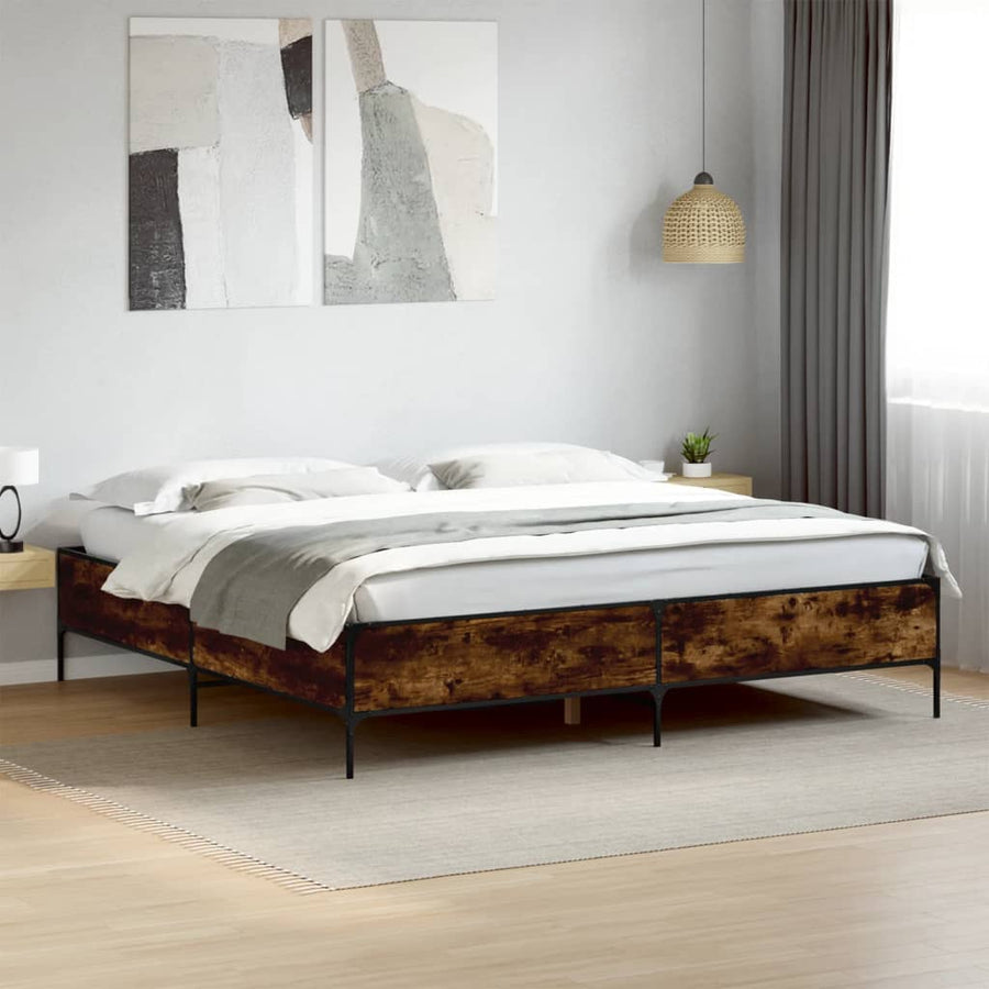 Bedframe bewerkt hout metaal gerookt eikenkleurig 200x200 cm