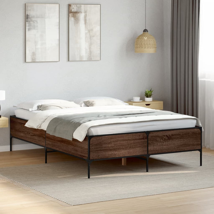 Bedframe bewerkt hout metaal bruin eikenkleur 150x200 cm