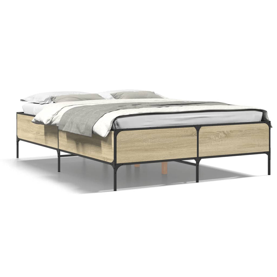 Bedframe bewerkt hout metaal sonoma eikenkleurig 90x190 cm