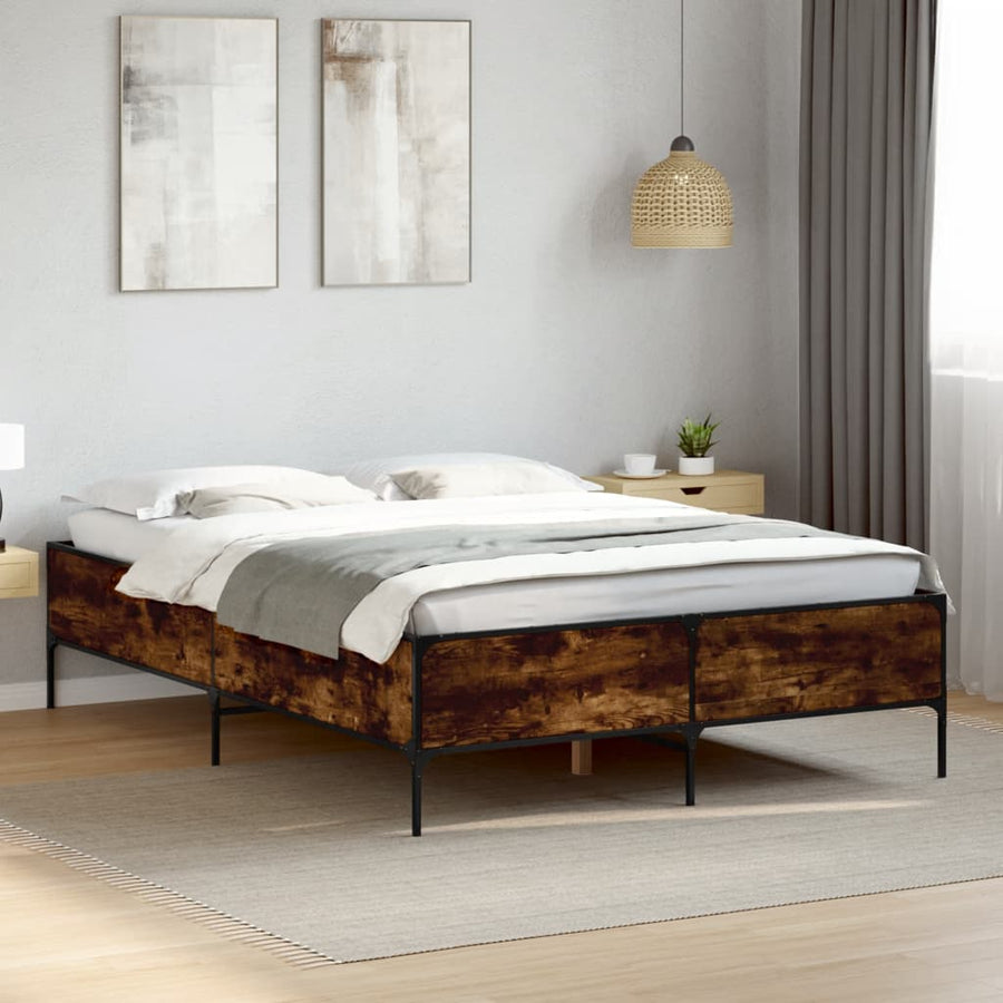 Bedframe bewerkt hout metaal gerookt eikenkleurig 140x190 cm