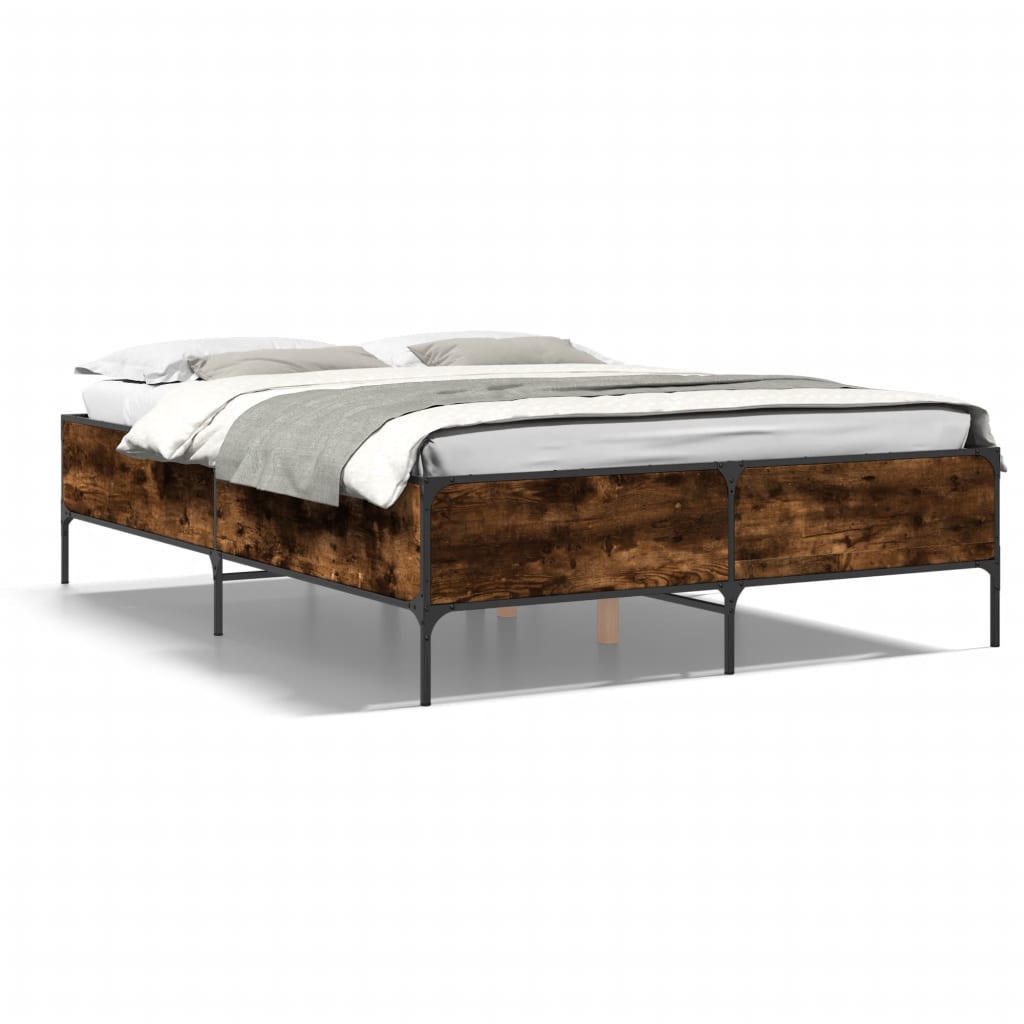 Bedframe bewerkt hout metaal gerookt eikenkleurig 140x190 cm