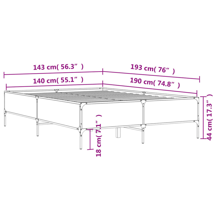 Bedframe bewerkt hout metaal grijs sonoma eiken 140x190 cm