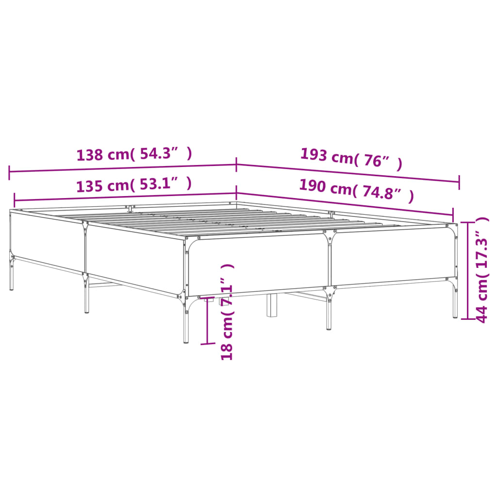 Bedframe bewerkt hout metaal sonoma eikenkleurig 135x190 cm